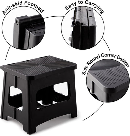 Folding Step Stool, 9 Inch Anti Slip Collapsible Stool Holds Up to 300 lbs, Sturdy Plastic Non Slip Lightweight Foot Stools Foldable for Kitchen, Bathroom, Home Use and Camping