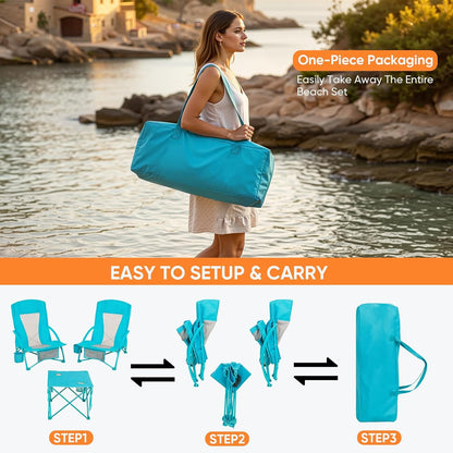 Folding Beach Chair Set of 3, Portable Camping Chairs with Table, Carrying Bag, Cup Holders, Outdoor Breathable Mesh Seat, 225lbs Heavy Duty Beach Chair for Camp Sand Travel Sunbathing