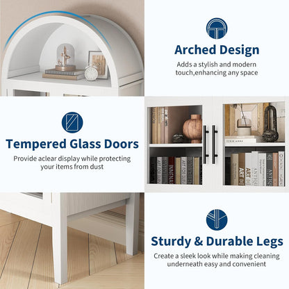 70" Tall Arched Pantry Cabinet with Tempered Glass Doors and LED Lighting - Modern Wood Display Storage with Adjustable Shelves and Acrylic Side Panels - for Kitchen, Dining, Living Room -