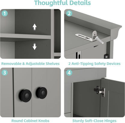 Freestanding Kitchen Pantry,Tall Storage Workstation with 4 Doors, 6 Door Shelves, Removable Shelves and 6 Wine Racks for Dining Room (Grey-FK)