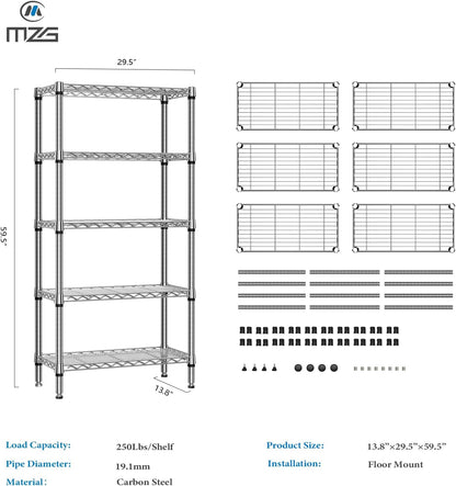 M MZG 1250 lbs 5 Tier Shelf Metal Storage Shelves Shelving Wire Rack Heavy Duty Closet Organizers for Garage Kitchen Bathroom Laundry Chrome 13.8" D x 29.5" W x 59.5" H