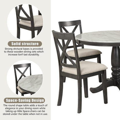 Merax 5 Piece Dining Table Set for 4, Solid Wood Kitchen Table Set with 4 Upholstered Chairs for Kitchen, Dining Room, Living Room, Grey