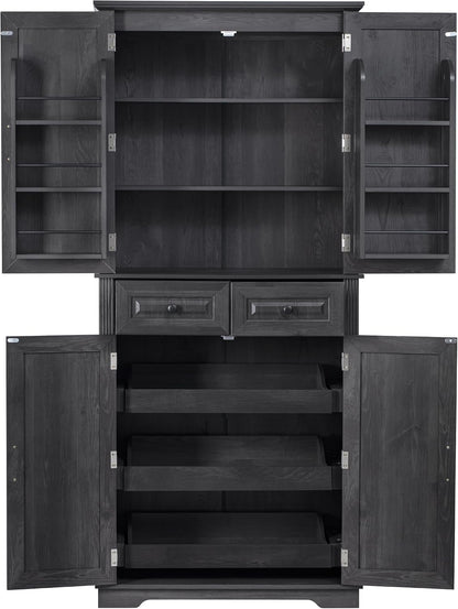 71" Tall Kitchen Pantry Cabinet with 3 Pull Out Cabinet Organizers, Farmhouse Embossed Texture Storage Cabine with 6 Door Shelves, 2 Drawers, Freestanding Cupboard for Kitchen, Dining Room (Black)