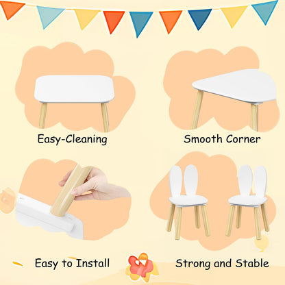 Kids Table and 2 Chairs Set, 3 Piece Wooden Toddler Table and Chair Set, White Activity Play Table and Chairs for Kids, Children's Art Desk Set (Rabbit Theme)