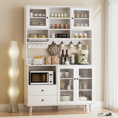 VOWNER Kitchen Hutch Storage Cabinet Microwave Shelf, Freestanding Pantry with 4 Glass Doors and 2 Drawers, Modern Sideboard Buffet Cabinet for Kitchen, Dining Room, Living Room, White