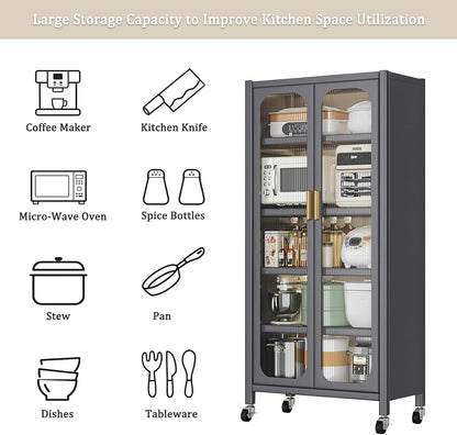 Spaco 65" Kitchen Pantry Storage Cabinet,5 Tiers Food Pantry Cabinet with Adjustable Shelves & Transparent Door,Metal Display Storage Cabinet on Wheels for Kitchen,Living Room and Dining Room. (Grey)