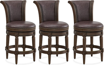 ROME + OAK Runyan 26 Swivel Counter Stool, Set of 3 | Rotating High Back Barstool in Dark Walnut Finish with Vintage Brown Vegan Leather Seat