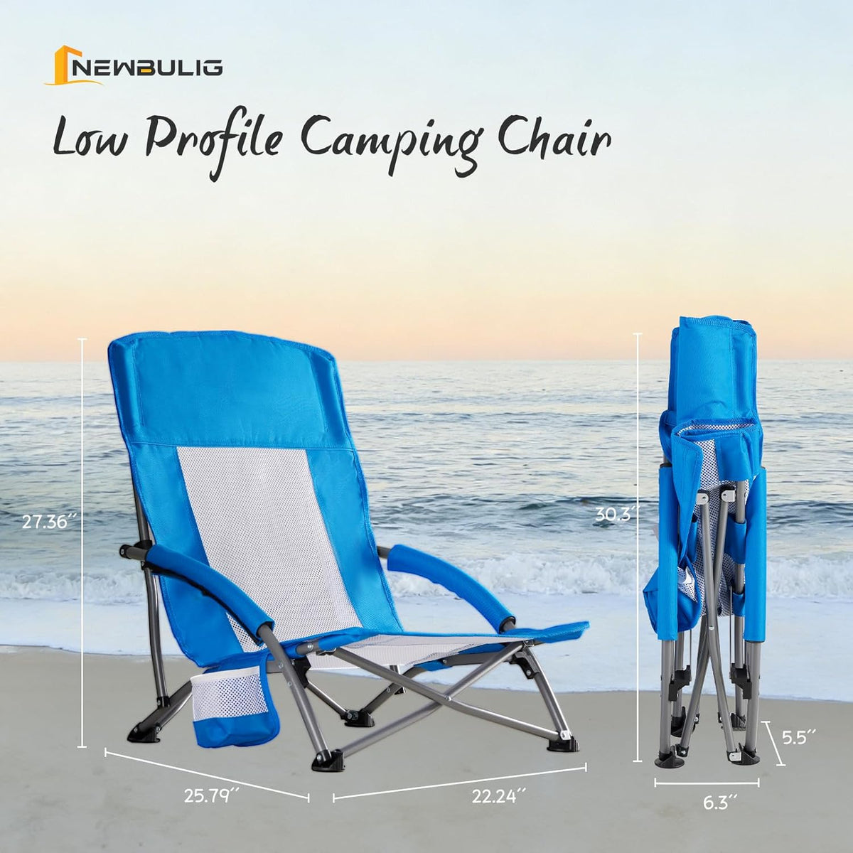 NEWBULIG Low Beach Chair – Folding Camping Chair for Adults, Low Profile Lawn Chair with Cup Holders & Carry Bag, Extra Wide Seat and High Back, Portable for Beach, Outdoors, Travel & Concerts, Blue