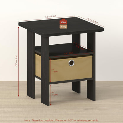 OTA Side Table, End Table, Night Stand with Bin Drawer, Ebony/Brown, Set of 2
