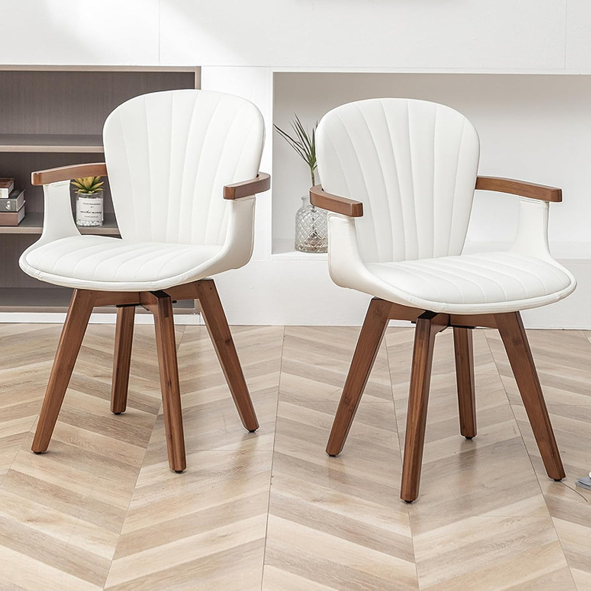 LUNLING Swivel Dining Chairs Set of 4, Mid Century Modern White Faux Leather Kitchen Chairs with Arms,Bamboo Legs Side Chairs No Wheels,Accent Chair for Dining Rooms and Offices