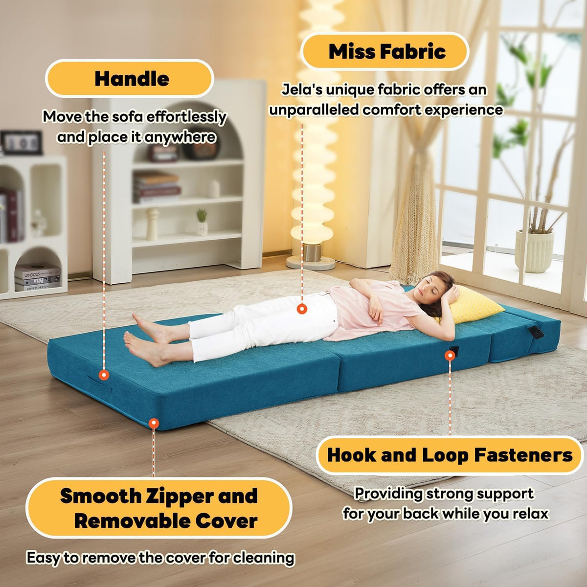 jela Foldable Sofa Bed, Convertible Sleeper Lounge Chair Floor Mattress Floor Couch with Backrest, Fold Out Futon with Washable Miss Fabric Cover for Guest Room, Living Room (83"x33",Teal)