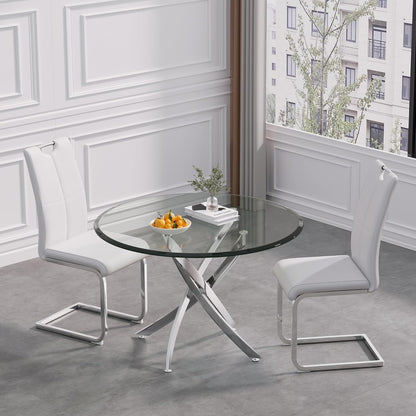 36" Luxury Glass Dining Table Set for 2, 3 Piece Modern Round Dining Tables with 2 White Leather Chairs, Dining Room Tables with Stainless Steel Base, Silver Kitchen Table and Chair Set for 2