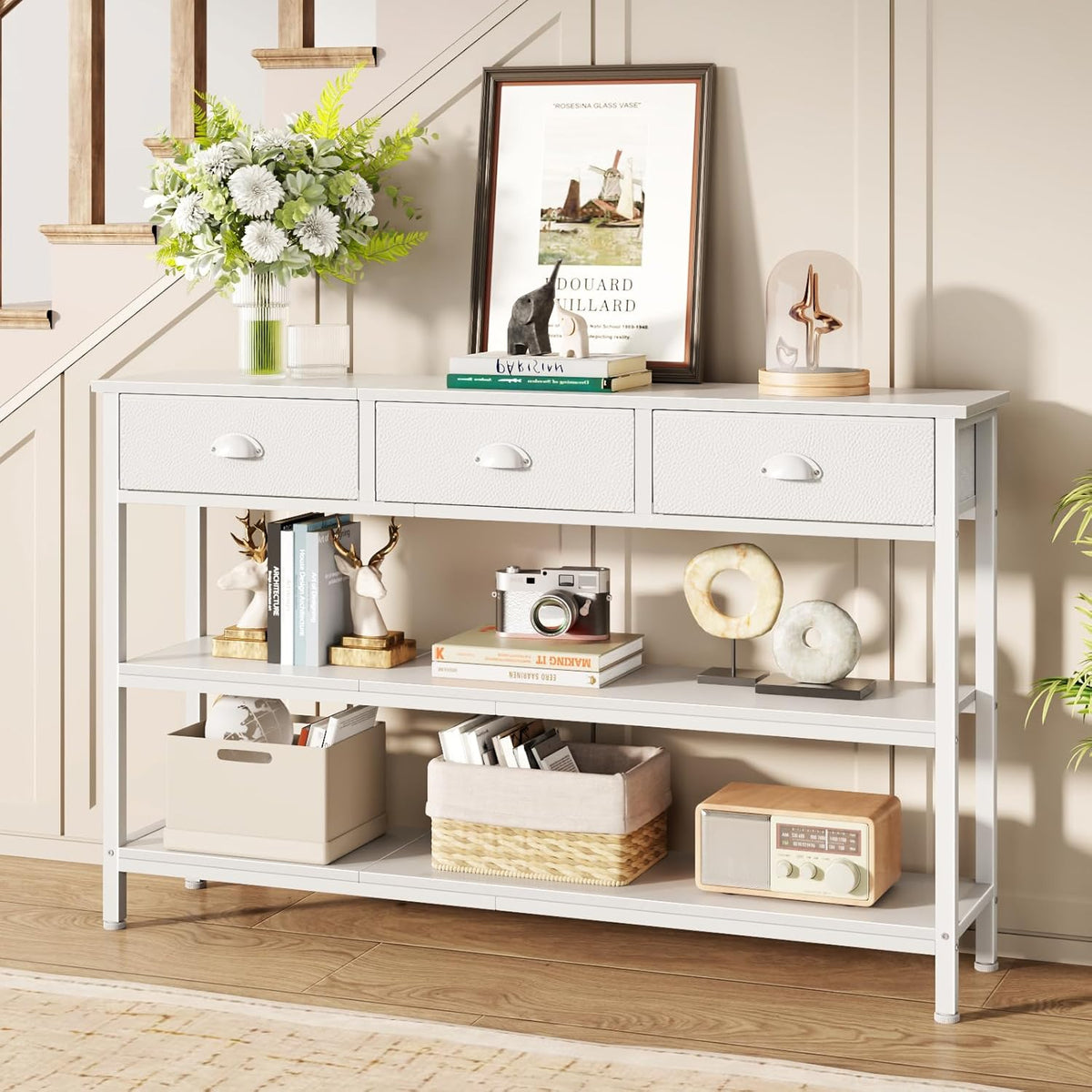 Furologee White Long 47" Console Sofa Table with 3 Drawers, Entryway Table with 3-Tier Storage Shelves, Display Shelf for Entry Way, Hallway, Couch, Living Room, Kitchen, Foyer | Industrial Hallway Table with Open Wooden Shelves for Hallway, Entry Way