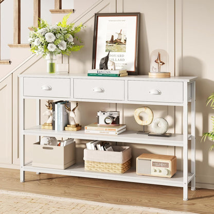 Furologee White Long 47" Console Sofa Table with 3 Drawers, Entryway Table with 3-Tier Storage Shelves, Display Shelf for Entry Way, Hallway, Couch, Living Room, Kitchen, Foyer | Industrial Hallway Table with Open Wooden Shelves for Hallway, Entry Way