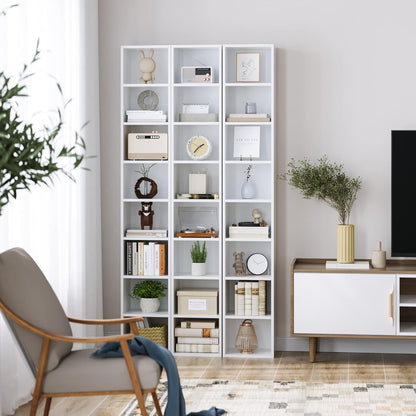 FOTOSOK White Bookshelf 8-Tier Narrow Bookshelf, 11.6 X 9.3 X 70.9 Tall CD DVD Media Tower Rack with 4 Adjustable Shelves, Tall Narrow Bookcase Slim Display Bookshelf with Cube Storage for Home Office