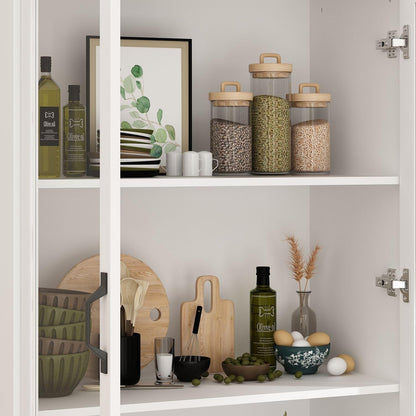 MOUMON Pantry Cabinet Kitchen Storage Cabinet with Glass Doors, Kitchen Pantry with Shelves & Drawer, for Living Room White (31.5”W x 15.7”D x 78.7”H), Small