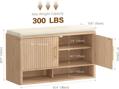 Fluted Shoe Storage Bench, Entryway Bench with Adjustable Shelves | Hidden Shoe Cabinet Storage with Cushion and Open Bottom Shelf, for Entryway, Hallway, Living Room, Bedroom, Natural Oak