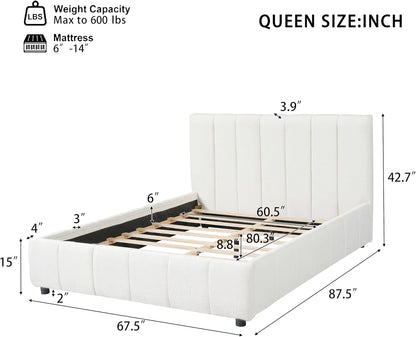 Merax Boucle Upholstered Queen Bed Frame with 42.7" High Headboard & 3.9" Thick, Vertical Stripe Tufting Design, Modern Queen Size Platform Bed, Solid Wood Support Leg, Bear 600Lbs, Off White