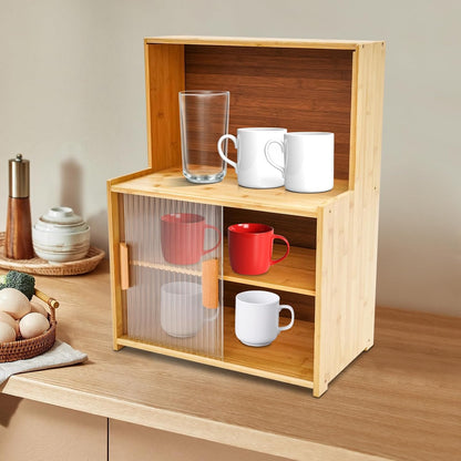 Kitchen Storage Cabinet with Sliding Doors, Bamboo Kitchen Pantry Sideboard, Adjustable Shelf Height, Semi-Clear Glass, for Spice Jars, Kitchen Utensils, Cups, Props , 17.7"x11"x24" (Log Color)