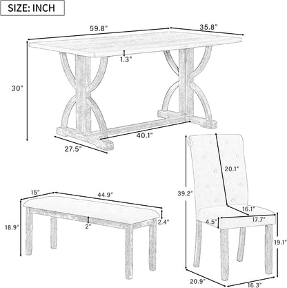 Merax 6-Piece Solid Wood Dining Table Set for 6, Solid Wood Rectangular Kitchen Table Set with 4 Upholstered Chairs and 1 Bench, Dining Room, Kitchen, Natural Wood Wash