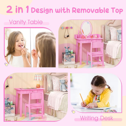 Costzon Kids Vanity, Girls Vanity Set with Mirror and Stool and Lights, Drawer, Jewelry Rack, 2 in 1 Wooden Princess Makeup Desk Dressing Table, Kids Vanity Table and Chair Set (Pink)