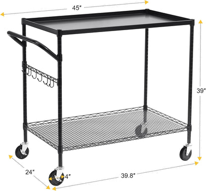WDT 2-Tier Utility Cart with Wheels, Metal Cart with 1000LBS Capacity, NSF Heavy Duty Rolling Cart, Commercial Grade Serving Tool Storage Carts for Warehouse Garage Kitchen, 24"D x 40"W x 39"H, Black