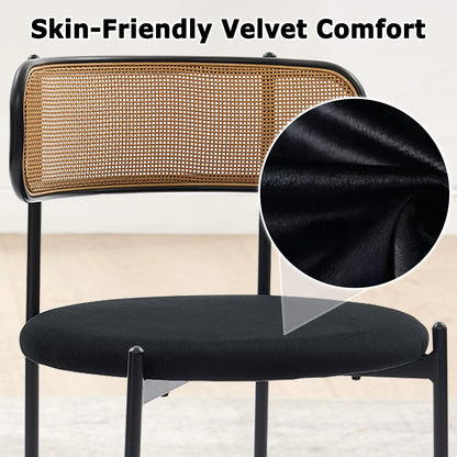Rattan Dining Chairs Set of 2, Velvet Mid-Century Modern Upholstered Dining Chairs with Woven Cane Backrest, Black Kitchen Dining Room Chairs