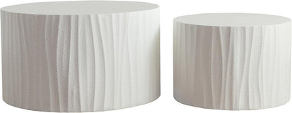 Nesting Coffee Table Set of 2, Modern Round Wooden Drum Side End Coffee Tables for Living Room, Bedroom, White-03