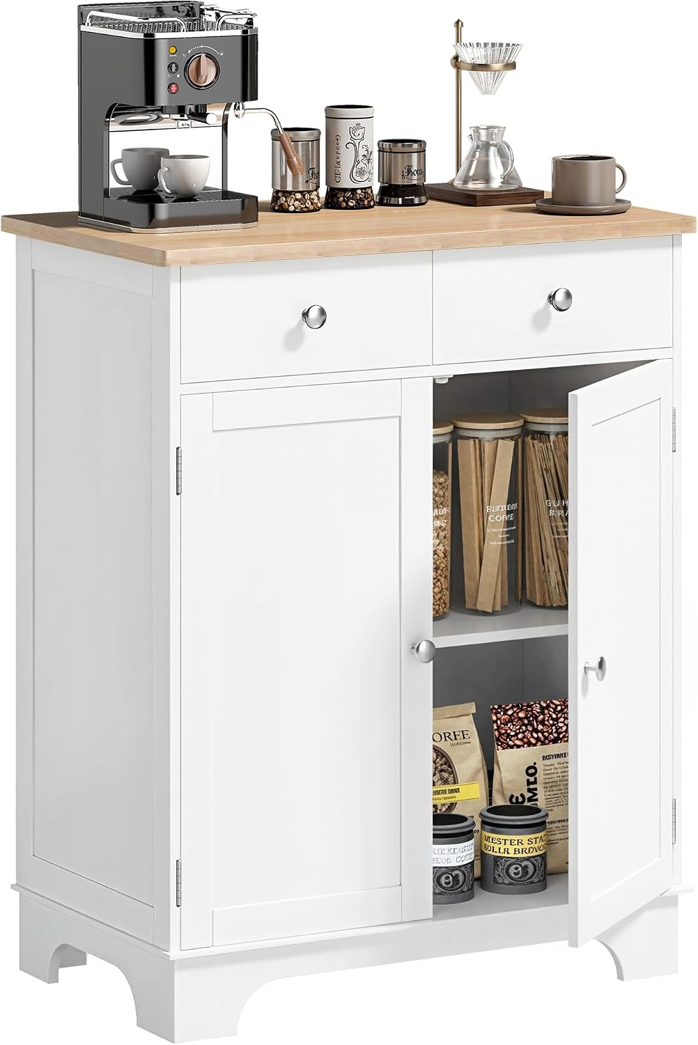 HOMCOM Sideboard Buffet Cabinet with Solid Wood Countertop, Modern Kitchen Storage Cabinet, Coffee Bar Cabinet with 2 Drawers, Doors and Adjustable Shelf, White