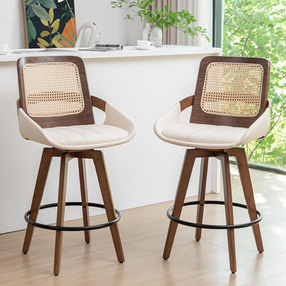Mid Century Modern Counter Stools, Rattan Swivel Counter Stools with Back | Natural Bentwood Frame, Rattan Back, Walnut Finish, Faux Leather Upholstered Seat, Counter Chairs for Island, Kitchen, Cafe