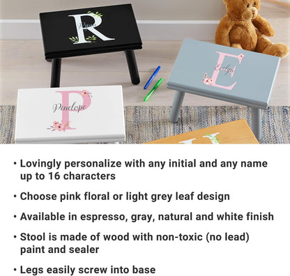 Let's Make Memories Personalized Step Stool - for Ages 3+ - Wood - Floral Design - Gray