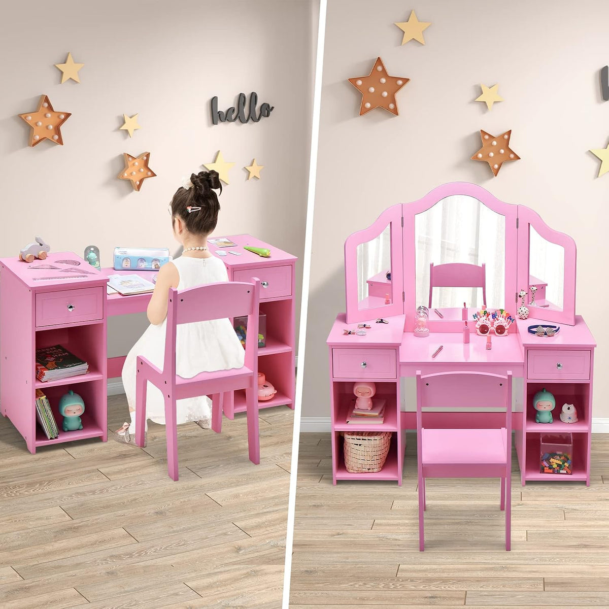 INFANS Kids Vanity, 2 in 1 Princess Makeup Desk and Chair Set with Drawers Tri-Folding Detachable Mirror Large Storage Shelves, Wooden Dressing Table, Pretend Play Vanity Set for Toddler Girls