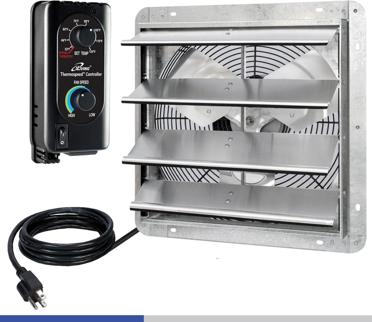 iLIVING 16" Wall Mounted Shutter Exhaust Fan, Automatic Shutter, with Thermostat and Variable Speed controller, 0.85A, 1200 CFM, 1800 SQF Coverage Area Silver (ILG8SF16V-ST)