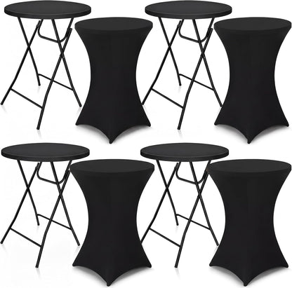 Wenqik 4 Sets 32"x43" High Top Folding Cocktail Tables & Cover,Black | Bar Height Portable Stands with Spandex Covers, Removable Legs for Easy Storage, Ideal for Parties Weddings Events