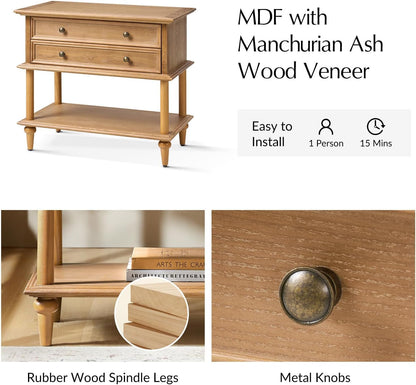 HULALA HOME Farmhouse Nightstand Set of 2 with Drawer & Open Shelf, Natural Wood End Table with Solid Wood Legs, 28.4'' Wide Sofa Side Table with Charging Station(Oak)