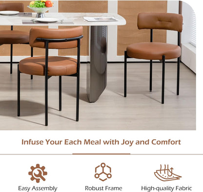 AVAWING Brown Faux Leather Dining Chairs Set of 4, Modern Kitchen Chairs with Black Metal Legs and Curved Backrest, Round Dining Room Chairs for Dining Room and Kitchen