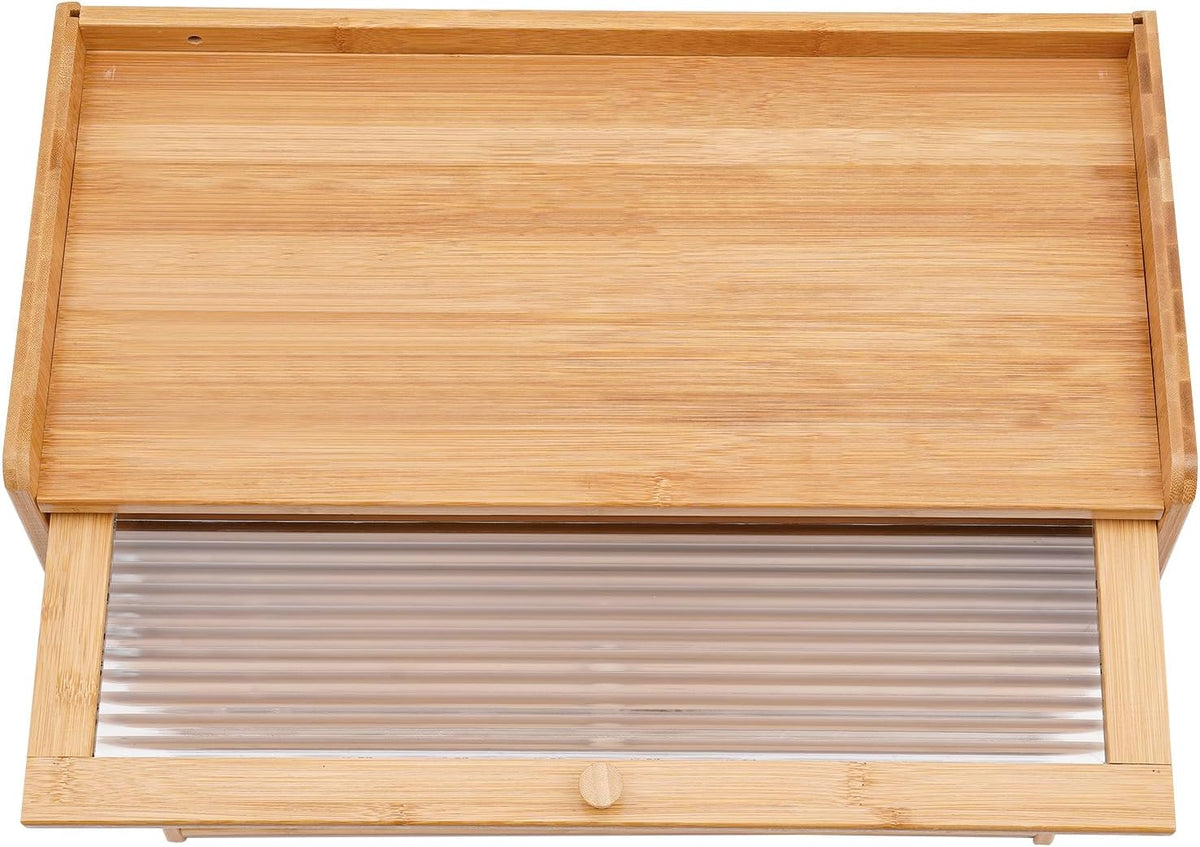 2 Tier Bamboo Countertop Pantry, Kitchen Countertop Flatware Storage Cabinet with 2 Sliding Striped Clear Door Stoppers, Fully Sealed Cutlery Organizer for Condiments, Plates, Bowls