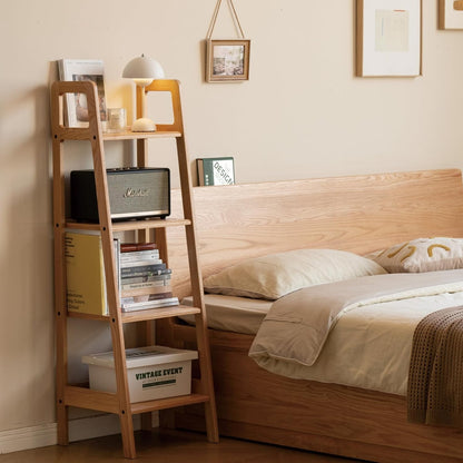 100% Solid Oak 4 Tier Ladder Shelf, Small Bookshelf, Ladder Bookshelf, Bookcase with Stable Frame, Small Table for Living Room Bedroom (Natural,17.32" D x 16.53" W x 53.54" H)