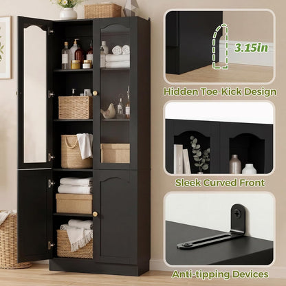 Cyclysio 80" Tall Pantry Cabinet with 8 Doors, Black Kitchen Pantry Storage Cabinet with Built-in Baseboard Notch & Adjustable Shelves – Kitchen Storage Cabinet for Dining, Living Room, Office