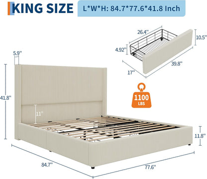 King Bed Frame with 4 Storage Drawers, Corduroy Upholstered Platform Bed