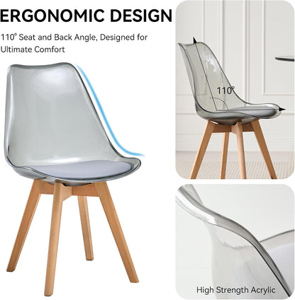 Acrylic Dining Chairs Set of 4, with Soft Cushion, Light Gray | Clear Acrylic Backrest With Soft Padded Seat, Sturdy Wooden Legs. Ideal For Kitchen And Living Room