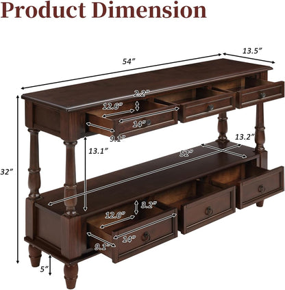 Vintage Solid Wood Console Table with 6 Drawers - 54" Hallway Sofa Table with Bottom Shelf for Entrance, Living Room & Foyer, Espresso