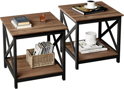 ChooChoo End Tables Set of 2, 24 Inch End Table with 2-Tier Storage Shelf, Side Table for Living Room, Wood Nightstand for Bedroom, Office, Painted Surface, Walnut
