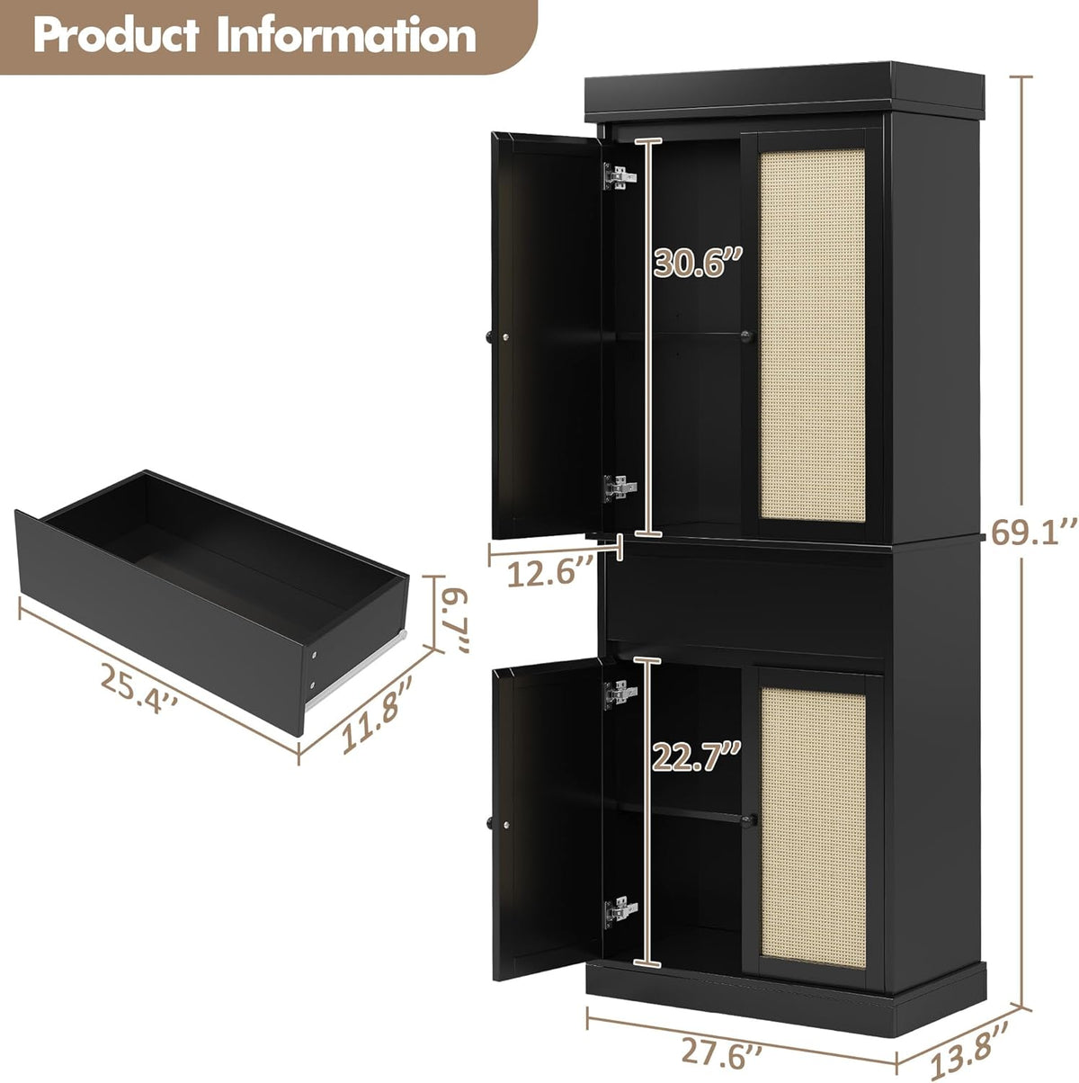 CABIHOME 69" Kitchen Pantry Storage Cabinet, Rattan Kitchen Pantry Cabinet with Drawer, 4 Doors ＆ Adjustable Shelves, Modern Freestanding Cupboard for Bathroom, Laundry, Dining Room, Black