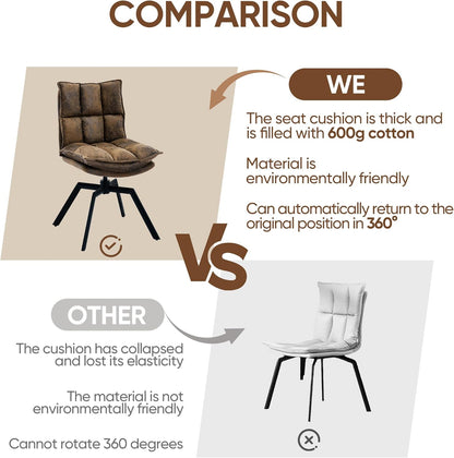 KEEZY Swivel Dining Chairs Set of 2, Mid-Century Modern Chairs with PU Leather, High Back with High-Density Stuffed PP Cotton & Automatic Swivel Metal Legs, Suitable for Kitchen & Living Room（Brown）
