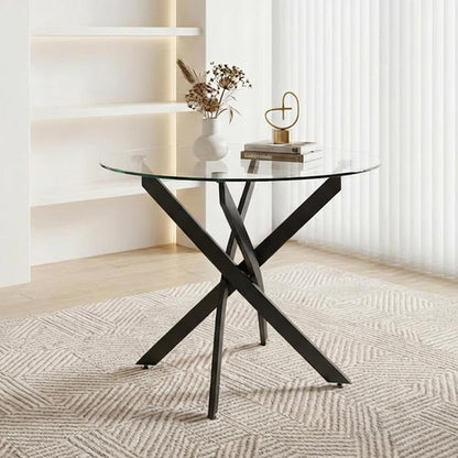 36" Round Glass Dining Table, Modern Kitchen Table with Clear Tempered Glass and Black Cross Metal Legs for Apartment, Small Spaces, Living Room