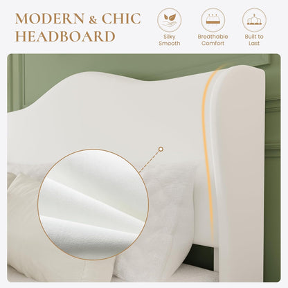 HA CERLIN King Size Bed Frame with Curved Wingback Headboard,Soft White