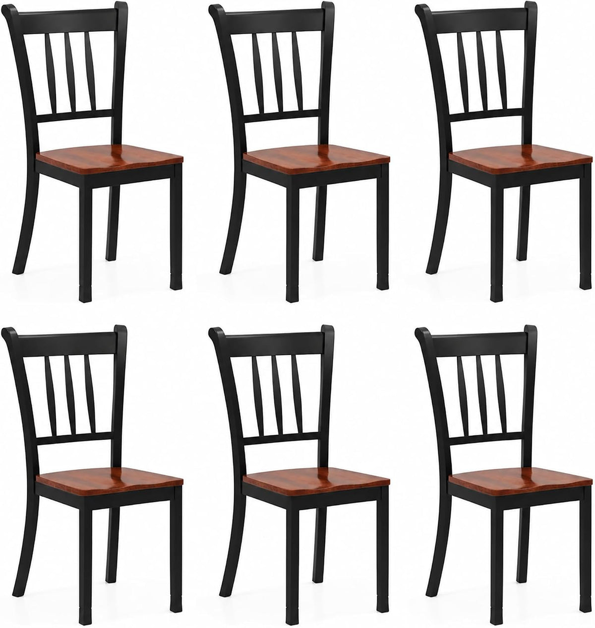 POWERSTONE Dining Chairs Set of 6, Rubberwood Kitchen Chairs, Black | Farmhouse Dining Chairs with W-Shaped Seat & Spindle High Back for Dining Room, Cafe, Canteen
