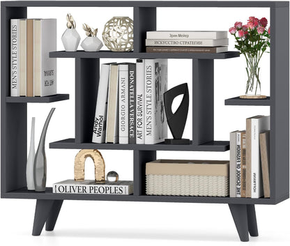 Giantex 3 Tier Geometric Bookshelf, Modern Freestanding Bookcase w/Staggered Shelves, Decorative Open Storage Display Shelves with Legs, Mid Century Storage Organizer for Living Room (Dark Gray)