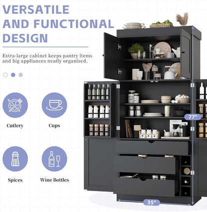 77'' Tall Freestanding Kitchen Pantry, Kitchen Storage Cabinets with Adjustable Shelves, Door Shelves, Drawers and Wine Racks, Versatile Cupboard for Dining Room, Living Room,Grey